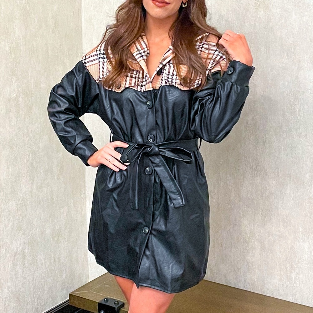 Black Faux Leather Trench Coat with Plaid Accents